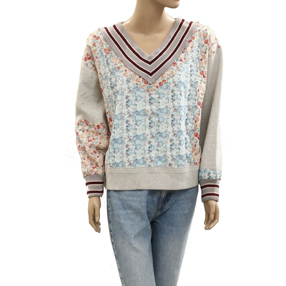 Free People Lucy Sweatshirt Top Cotton Slouchy Floral Patchwork Ribbed XS 284125